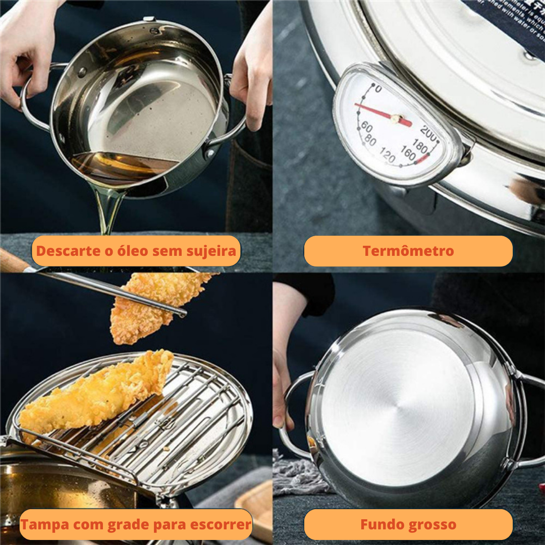 Frigideira com Termômetro e Tampa com Grade em Aço Inox