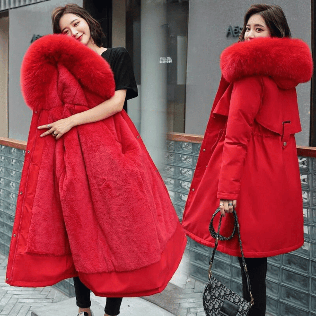 Parka Longa Forrada e com Capuz com Pele