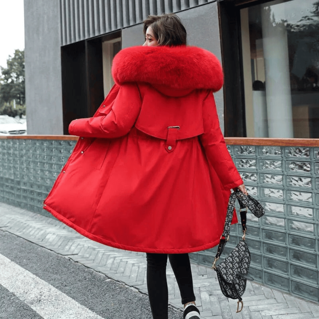Parka Longa Forrada e com Capuz com Pele